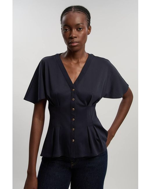 Karen Millen Blue Jersey V Neck Button Detail T