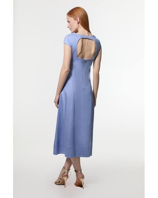 Karen Millen Blue Premium Linen Pintuck Detail Full Skirted Tailored Midi Dress