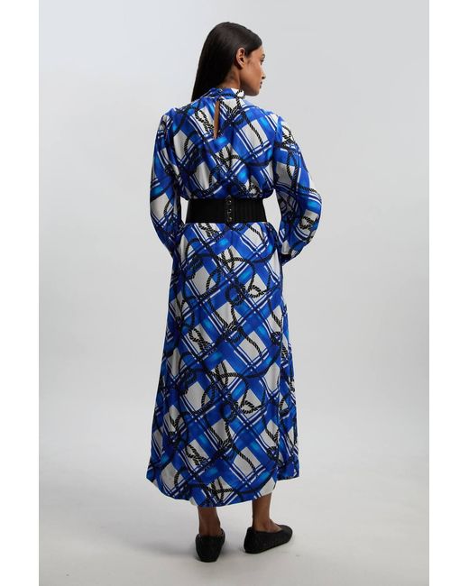 Karen Millen Blue Rope Print Viscose Crepe Balloon Sleeve Maxi Dress With Pu Belt