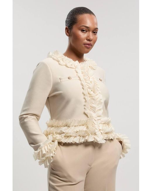Karen Millen Natural Plus Size Figure Form Bandage Knit Jacket With Woven Ruffle Trim