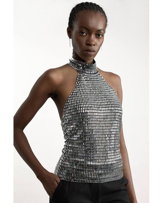 Karen Millen Brown Premium Crystal Embellished Jersey Halter Top