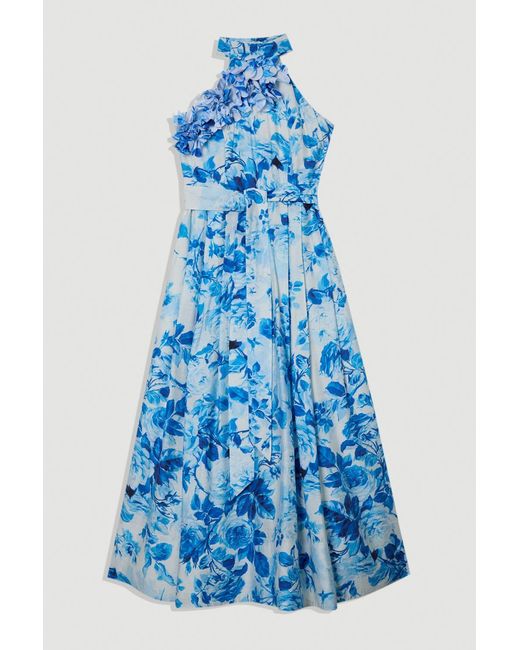 Karen Millen Blue Petite Rosette Ruffle Woven Maxi Halter Dress