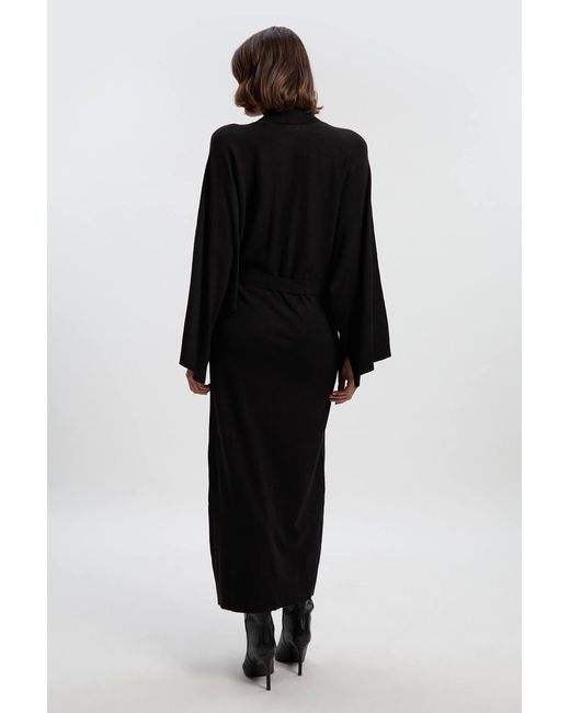 Karen Millen Black Viscose Blend Funnel Neck Belted Knitted Midi Dress