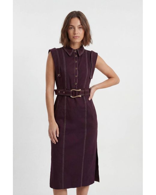 Karen Millen Blue Tailored Top Stitch Detail Belted Midi Dress