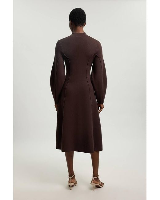 Karen Millen Brown Wool Look Rounded Sleeve High Neck Knit Midi Dress