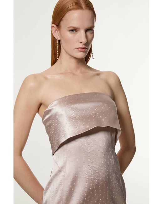 Karen Millen Natural Petite Italian Structured Textured Satin Bandeau Tailored Maxi Dress