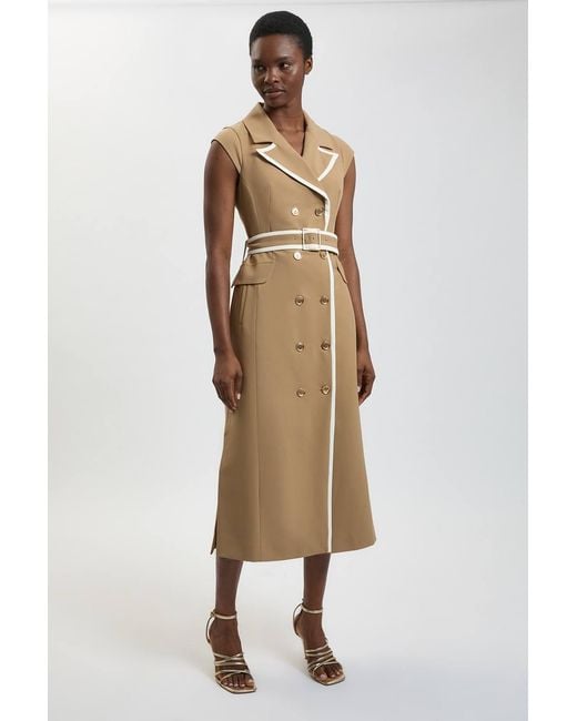 Karen Millen Natural Petite Double Breasted Belted Tipped Tailored Midi Dress