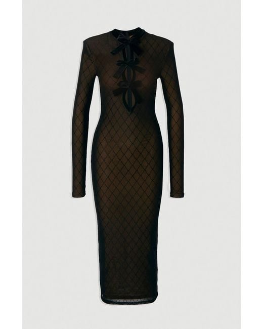 Karen Millen Black Mesh With Velvet Bow Trim Detail Long Sleeve Midi Dress