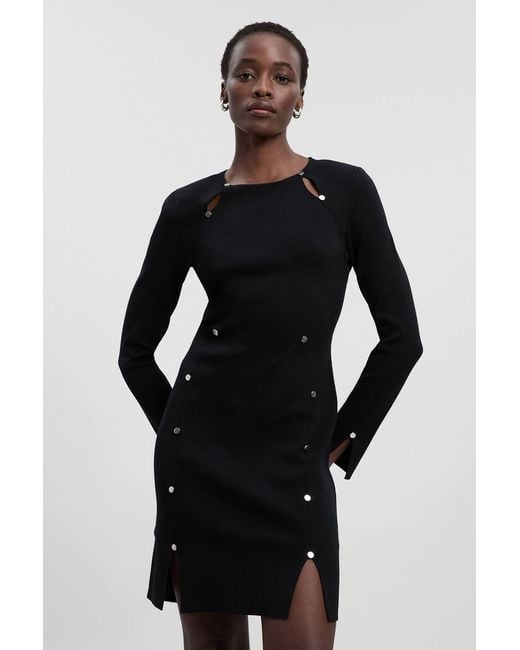 Karen Millen Black Viscose Blend Stud Keyhole Detail Knit Mini Dress