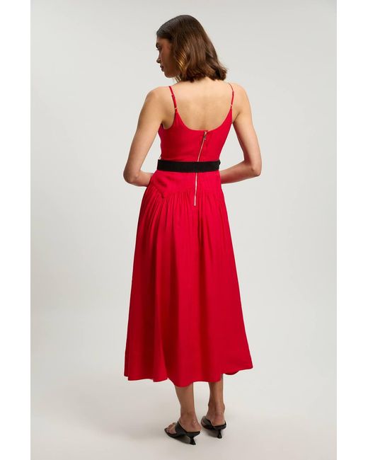 Karen Millen Red Petite Viscose Linen Belted Drop Waist Woven Midi Dress
