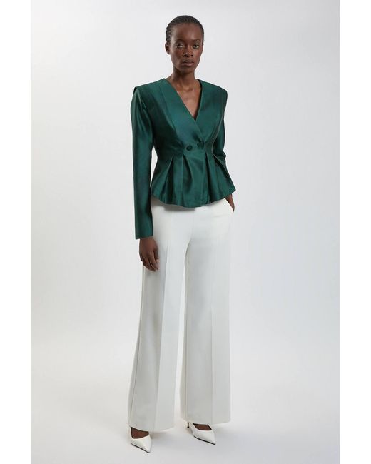 Karen Millen Green Structured Satin Peplum Tailored Blazer