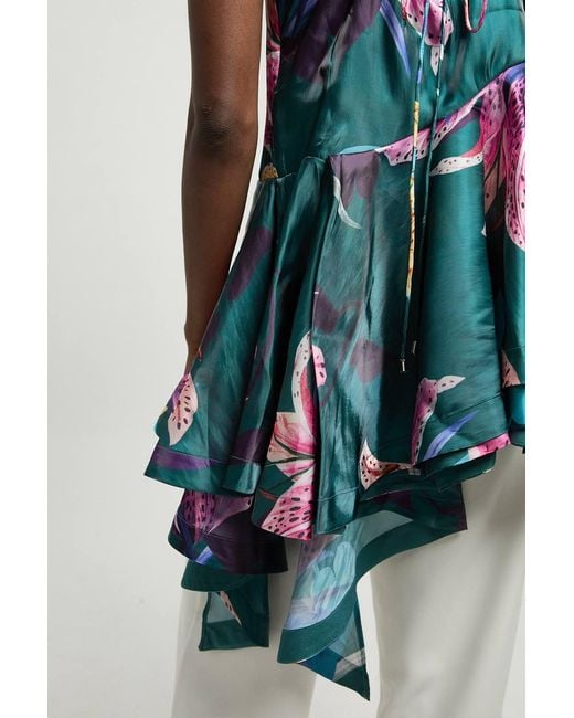 Karen Millen Blue Printed Metallic Floral Woven Top