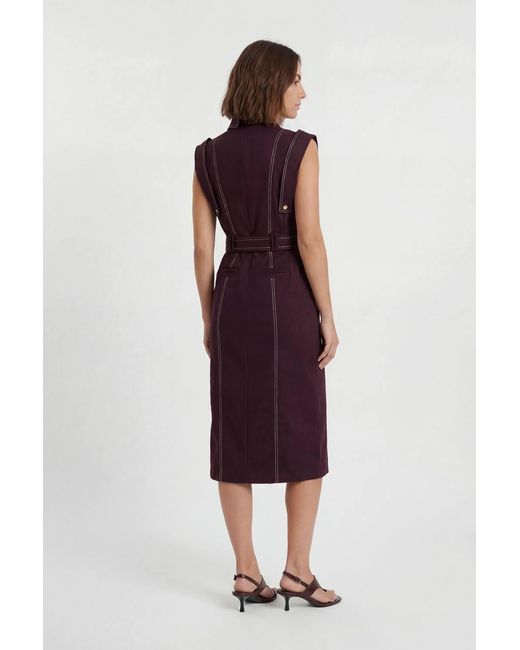 Karen Millen Blue Tailored Top Stitch Detail Belted Midi Dress