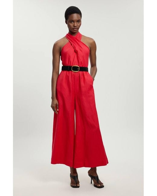 Karen Millen Red Petite Viscose Linen Belted Halterneck Woven Jumpsuit