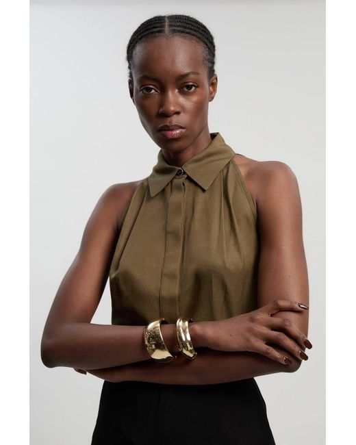 Karen Millen Black Premium Linen Viscose Halter Collared Woven Shirt
