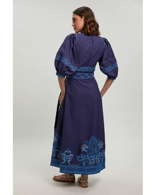 Karen Millen Blue Embroidered Detail Belted Midi Dress