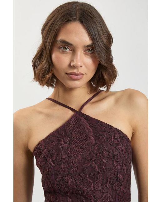 Karen Millen Purple Textured Sateen Lace Halter Neck Belted Midi Dress