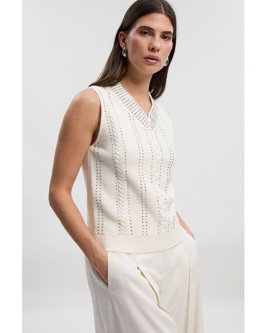 Karen Millen White Embellished Hotfix V Neck Knit Tank Top