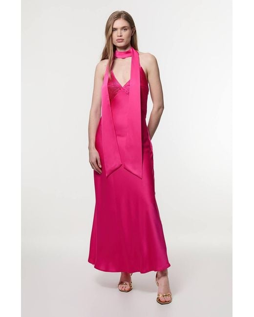 Karen Millen Pink Satin Halter Pleated Woven Maxi Dress