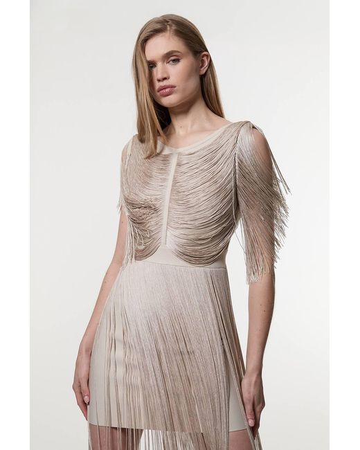 Karen Millen Natural Maxi Draped Fringe Knitted Mini Dress