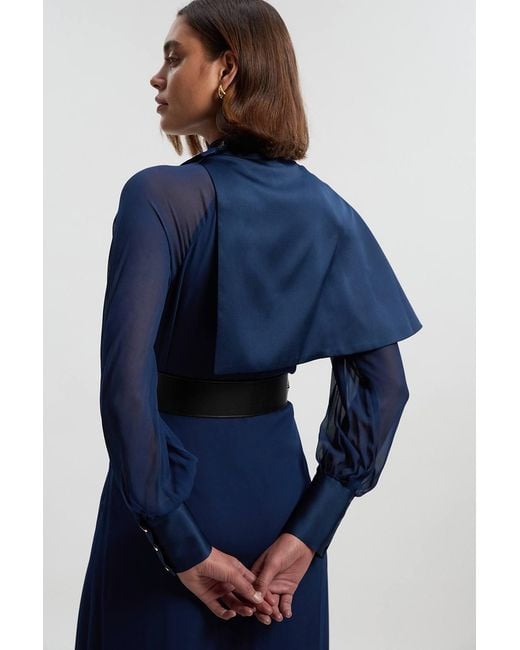 Karen Millen Blue Military Sheer Cape Detail Woven Maxi Dress