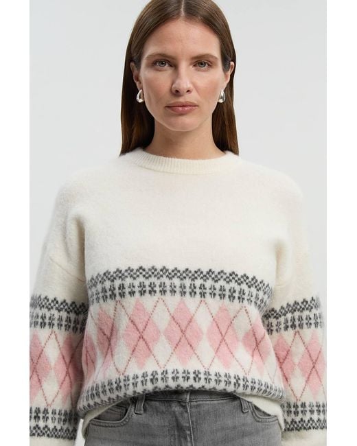 Karen Millen Gray Premium Alpaca Wool Blend Fairisle Knitted Jumper