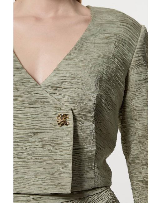 Karen Millen Green Crinkle Satin Button Front Cropped Tailored Jacket