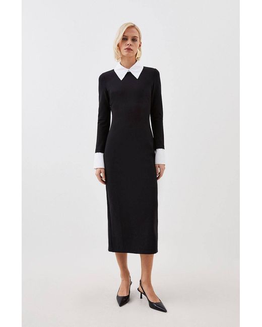 Karen Millen Black Jersey Cotton Poplin Midi Collar Dress