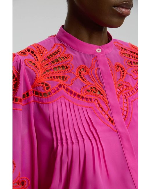 Karen Millen Pink Cutwork Beaded Embroidered Woven Blouse