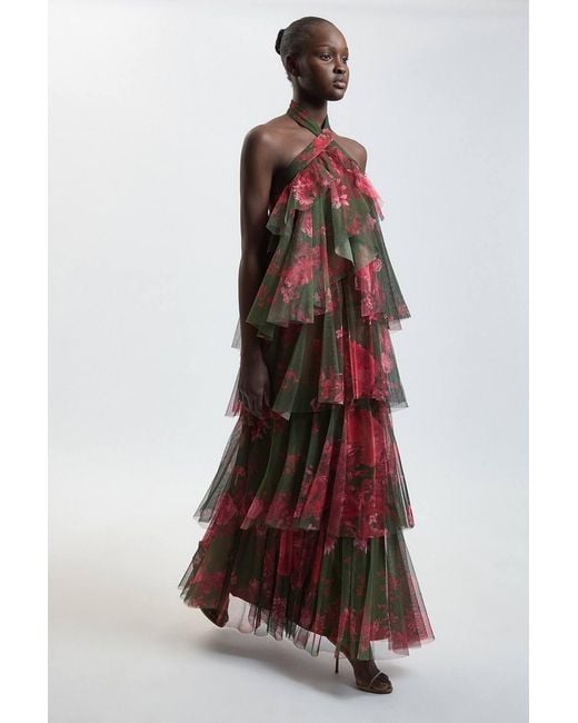 Karen Millen Green Floral Print Layered Tulle Halterneck Maxi Dress