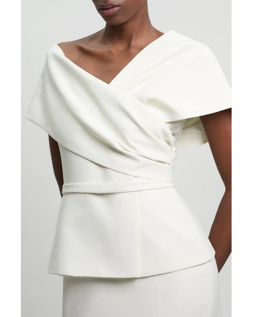 Karen Millen White Compact Viscose Stretch Tailored Peplum Midi Dress