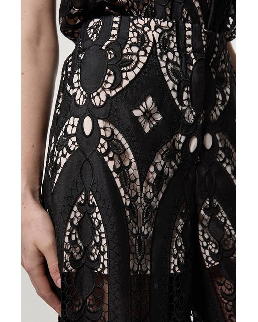 Karen Millen Black Sheer Georgette Cutwork Woven Wide Leg Trouser