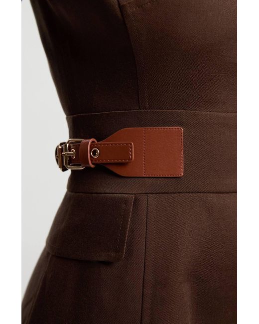 Karen Millen Brown Tailored Linen Tab Waist Detail Full Skirt Midi Dress