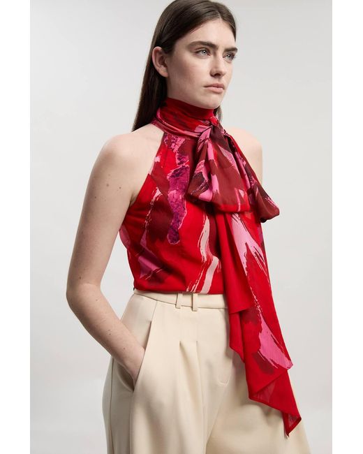 Karen Millen Red Petite Photographic Floral Crinkle Georgette Sleeveless Tie Neck Woven Top
