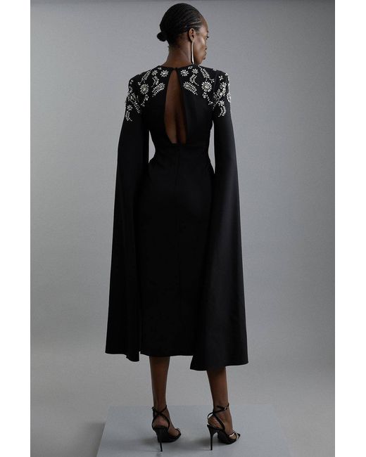 Karen Millen Black Compact Stretch Viscose Crystal Embellished Cape Maxi Dress