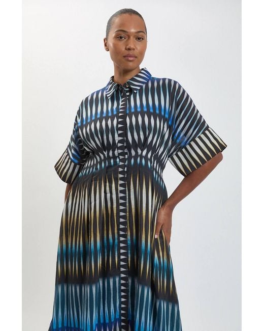 Karen Millen Blue Plus Size Stripe Collared Woven Midi Dress