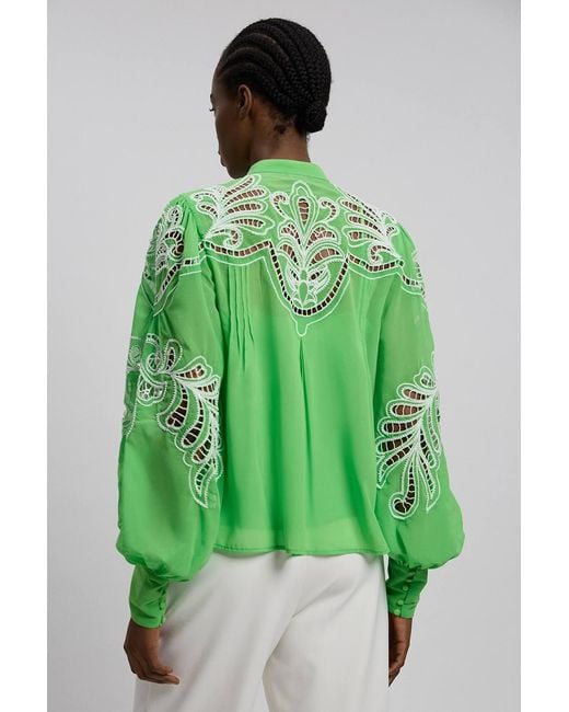 Karen Millen Green Cutwork Beaded Embroidered Woven Blouse