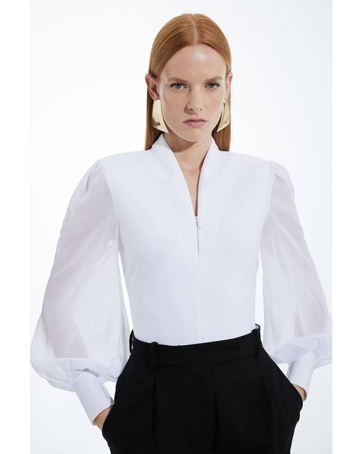 Karen Millen White Bandage Figure Form Zip Detail Chiffon Sleeve Knit Top