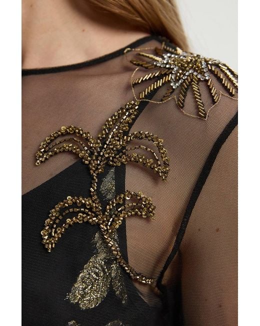 Karen Millen Black Floral Applique Embellished Metallic Georgette Woven Maxi Dress