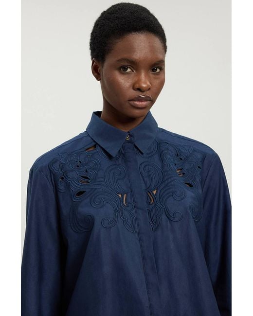 Karen Millen Blue Cotton Poplin Cutwork Shirt
