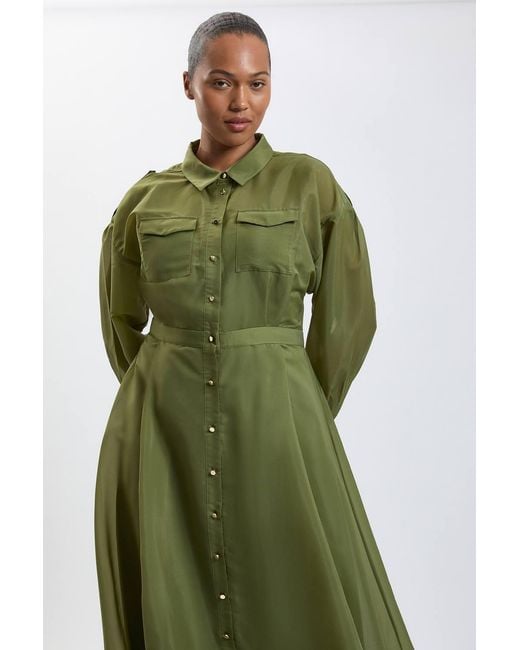 Karen Millen Green Plus Size Trim Detail Organdie Midi Shirt Dress