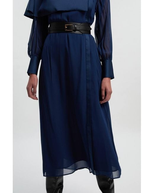 Karen Millen Blue Military Sheer Cape Detail Woven Maxi Dress