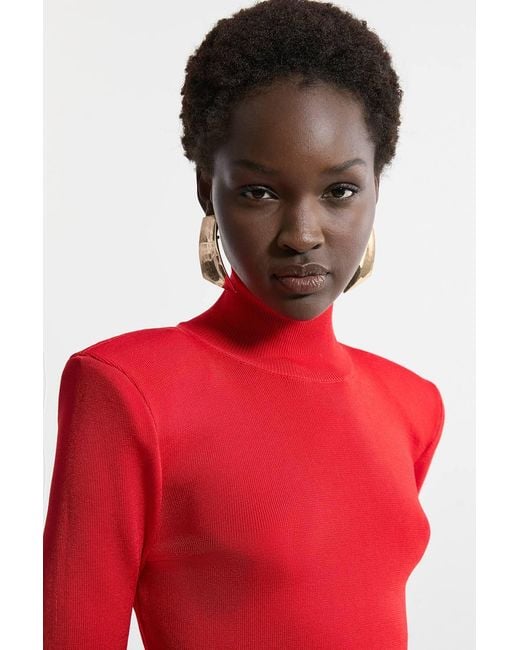 Karen Millen Red Slinky Drape Knit Power Shoulder Funnel Neck Top