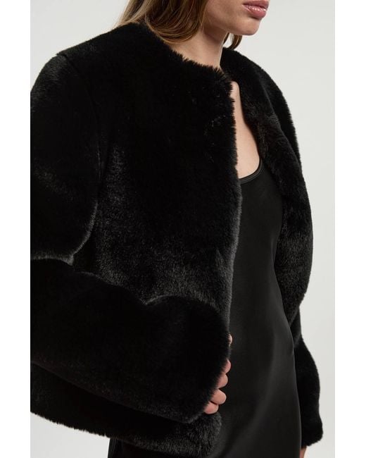 Karen Millen Black Collarless Faux Fur Jacket