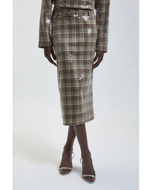 Karen Millen Brown Sequin Tailored Belted Midi Skirt