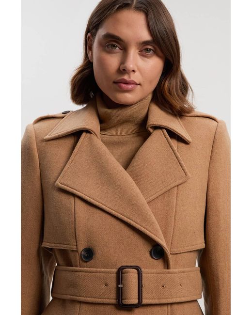 Karen Millen Brown Wool Placement Print Tailored Double Breasted Belted Midi Coat