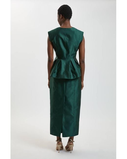 Karen Millen Green Structured Satin Peplum Midi Dress