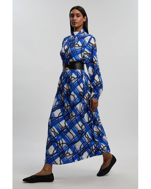 Karen Millen Blue Rope Print Viscose Crepe Balloon Sleeve Maxi Dress With Pu Belt