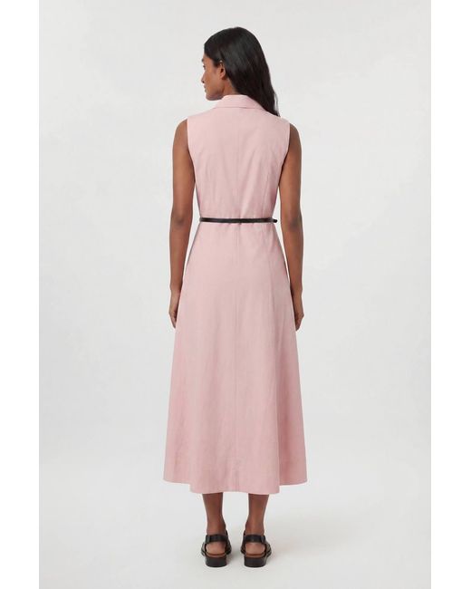 Karen Millen Pink Premium Viscose Linen Tailored Belted Full Skirted Midi Dress