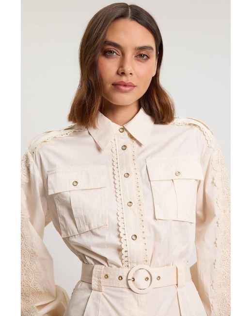 Karen Millen Natural Cotton Sateen With Lace Trim Pocket Detail Playsuit